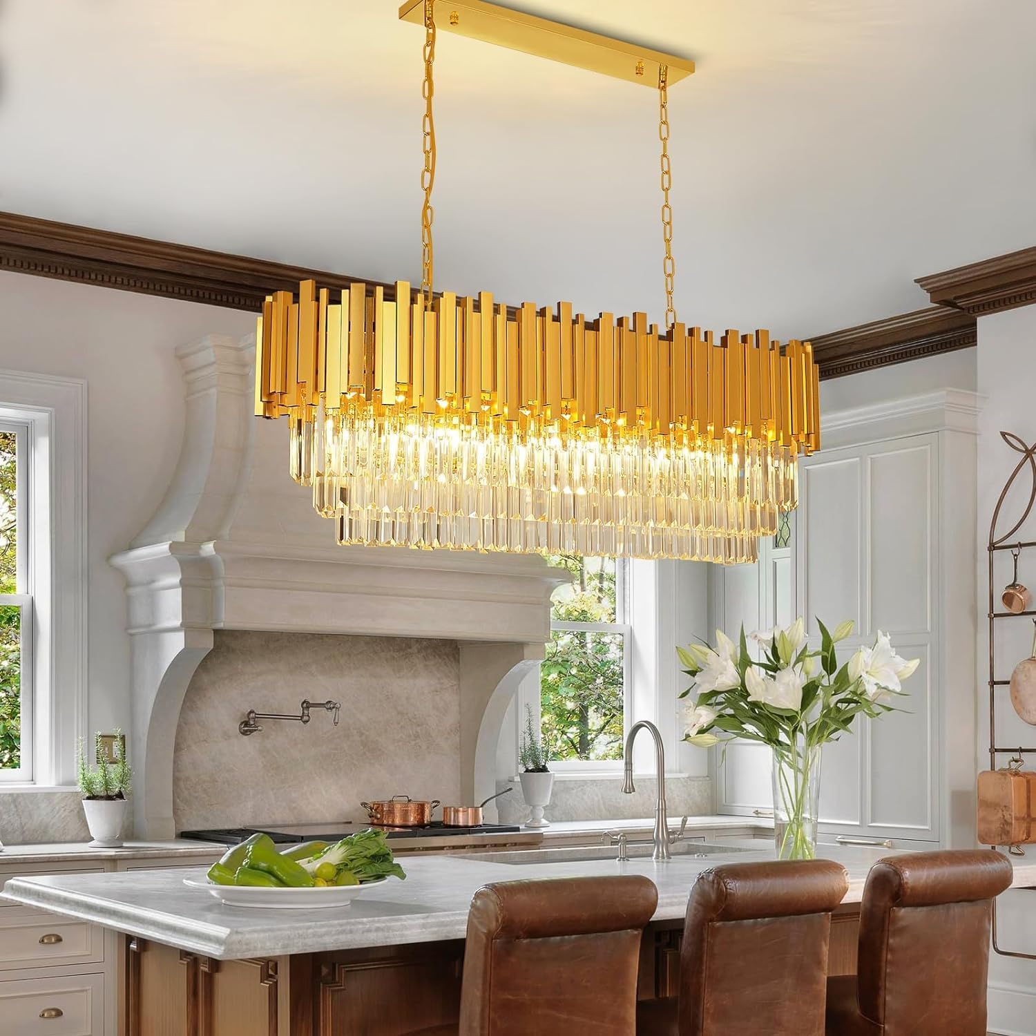 Modern Crystal Chandelier for Dining Room Luxury 10-Lights Gold Chandeliers Contemporary Kitchen Island Chandeliers Oval Ceiling Hanging Lights for Living Room Foyer Hallway
