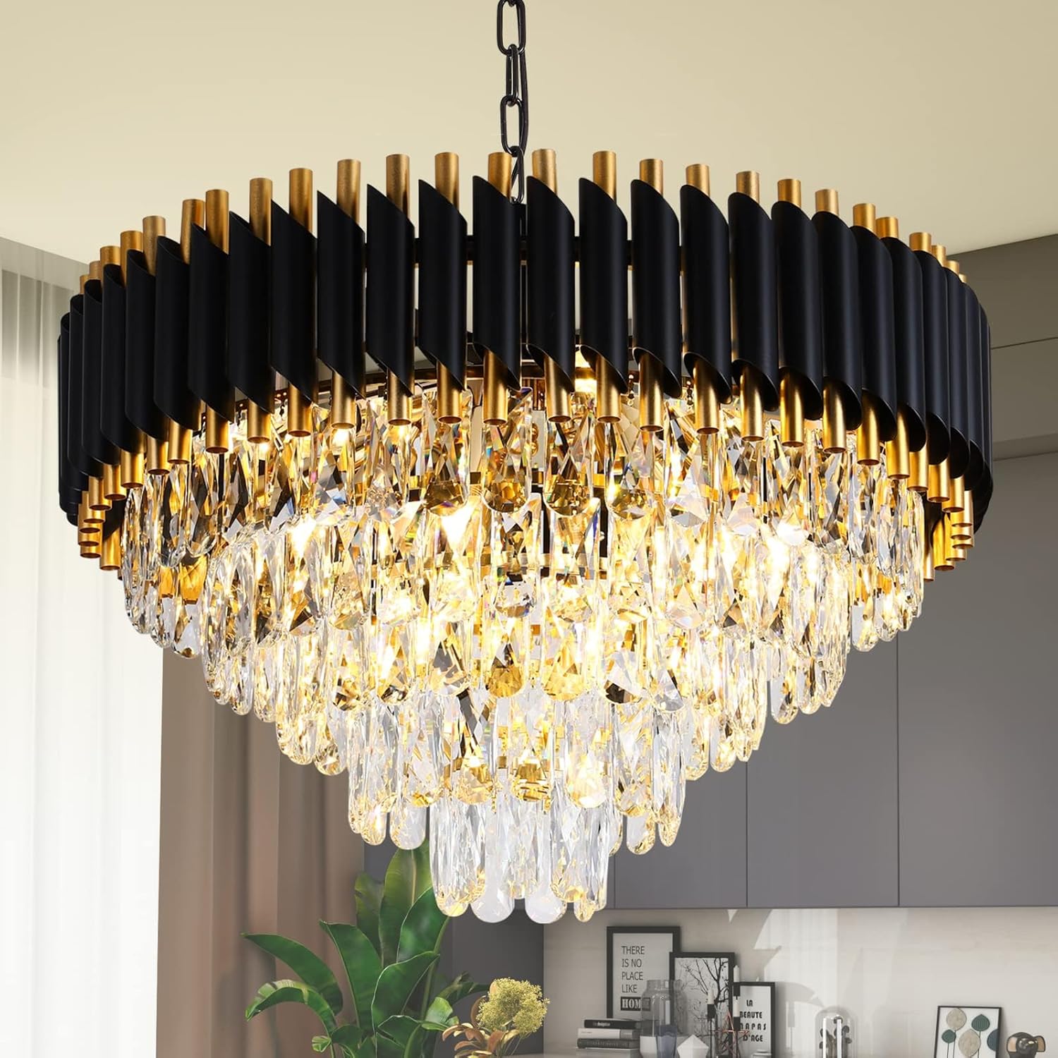 Modern 5-Tier Gold and Black Crystal Chandelier, 24" W, 12 Lights, Dimmable, For Dining Room, Living Room, Bedroom