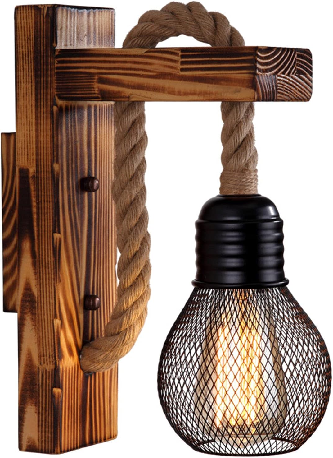 hageek Wooden Wall Light with hemp rope design, E27 socket, retro industrial style. Perfect for living room, bedside, corridor, café & bar.