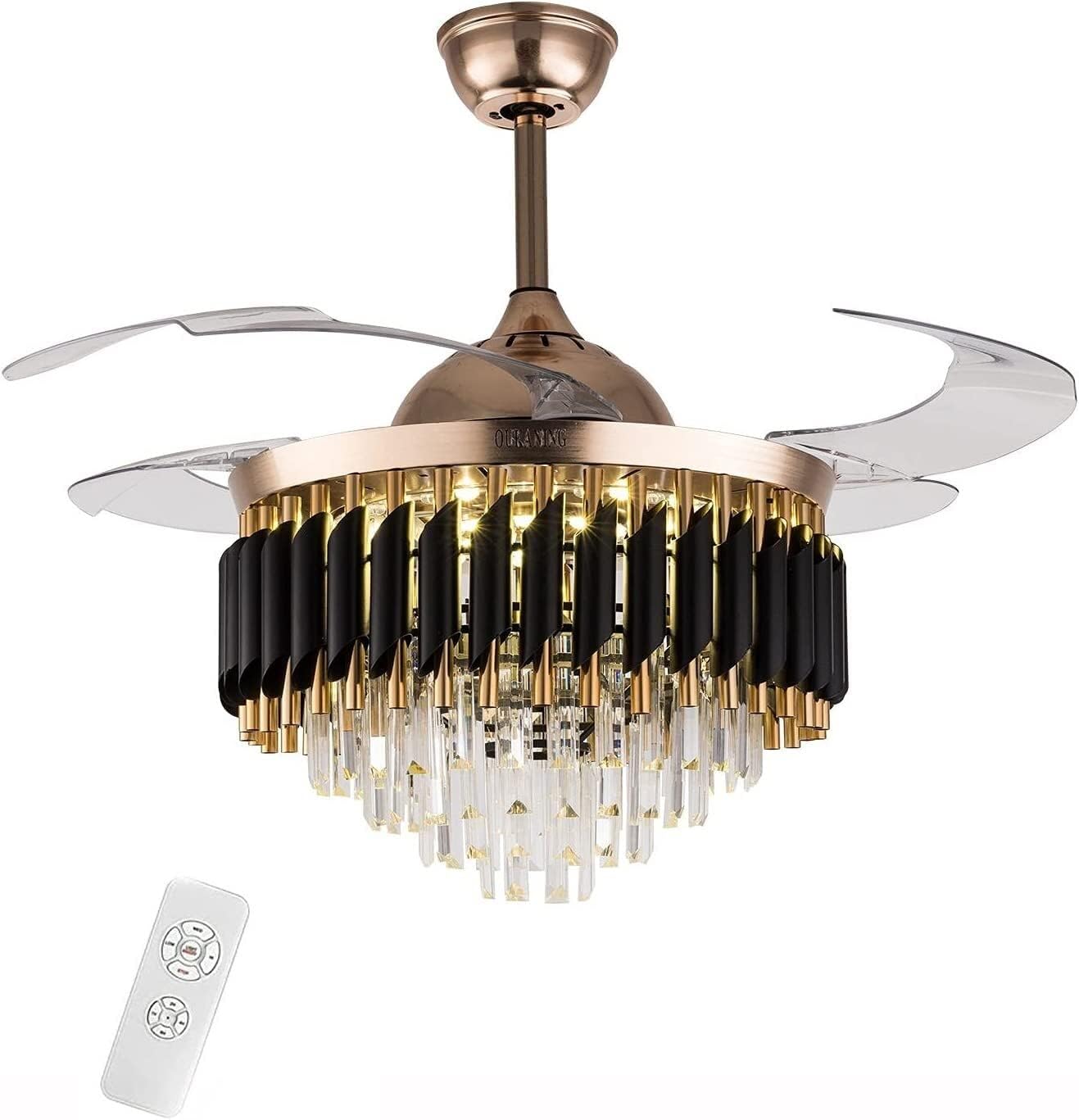 Modern Crystal Ceiling Fan with LED Light — elegant design, 3 color modes, remote control & retractable blades. Perfect for living, dining & bedroom.