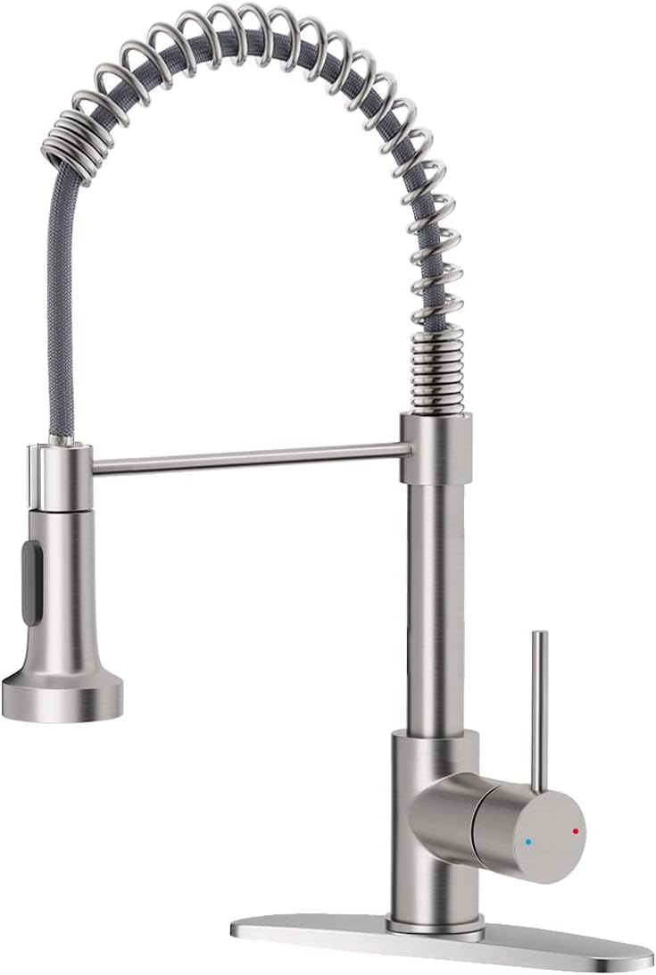 Kitchen Faucets Low Lead Commercial Solid Brass Single Handle Single Lever Pull Down Sprayer Spring Kitchen Sink Faucet, Brushed Nickel