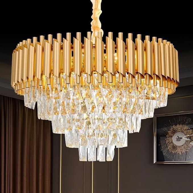 MODERN CRYSTAL CHANDELIER With Bulbs Fancy Ceiling Light,Luxury Round Golden Crytal 60cm Chandelier 3-Tier Crystal Raindrop Pendant Chandelier Dining Room,LivingRoom Kitchen,Table,Hotal,Restaurant2YW