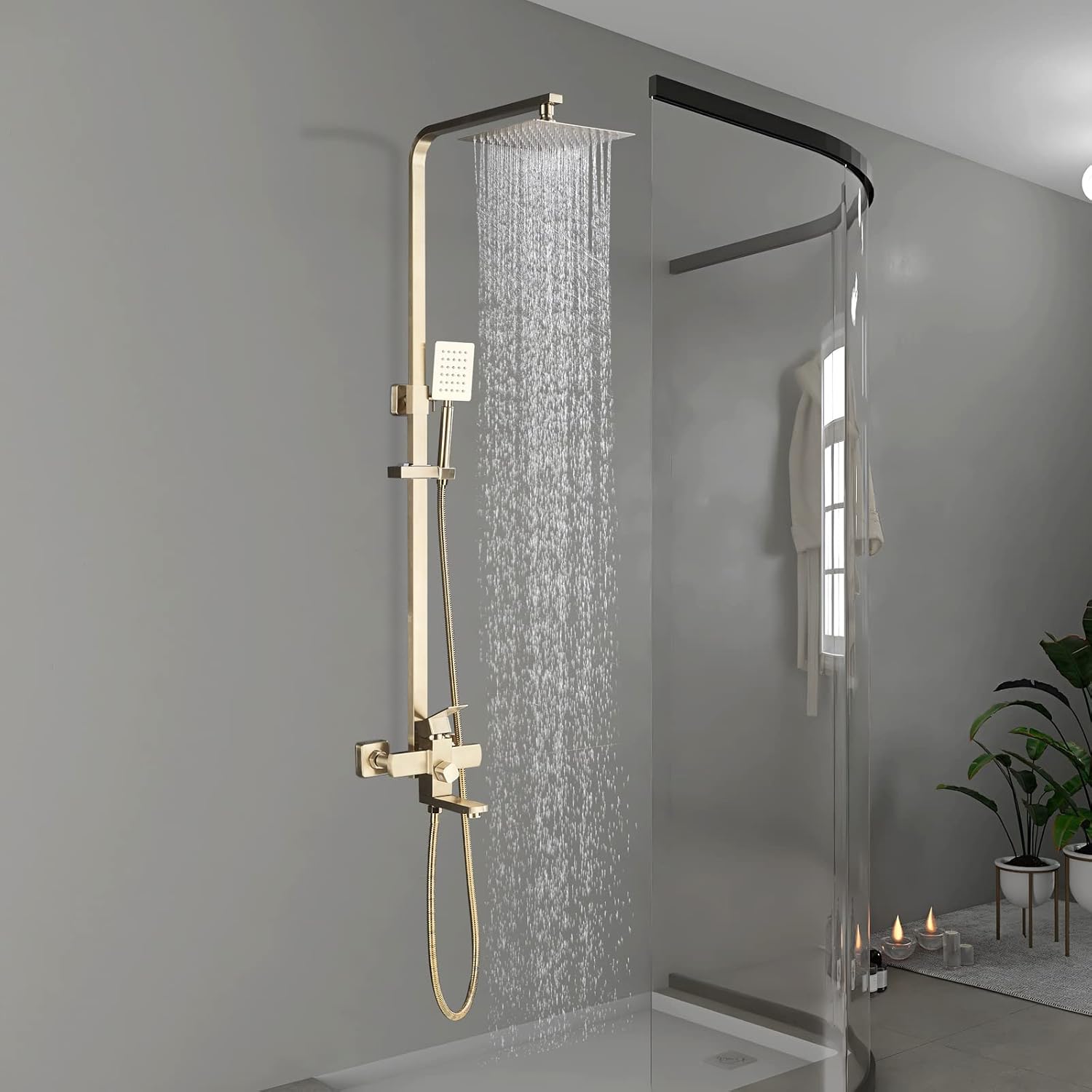 Shower Mixer taps Brushed Gold Shower Set Shower System 3-Function with Rainfall Shower Handheld Bath tub