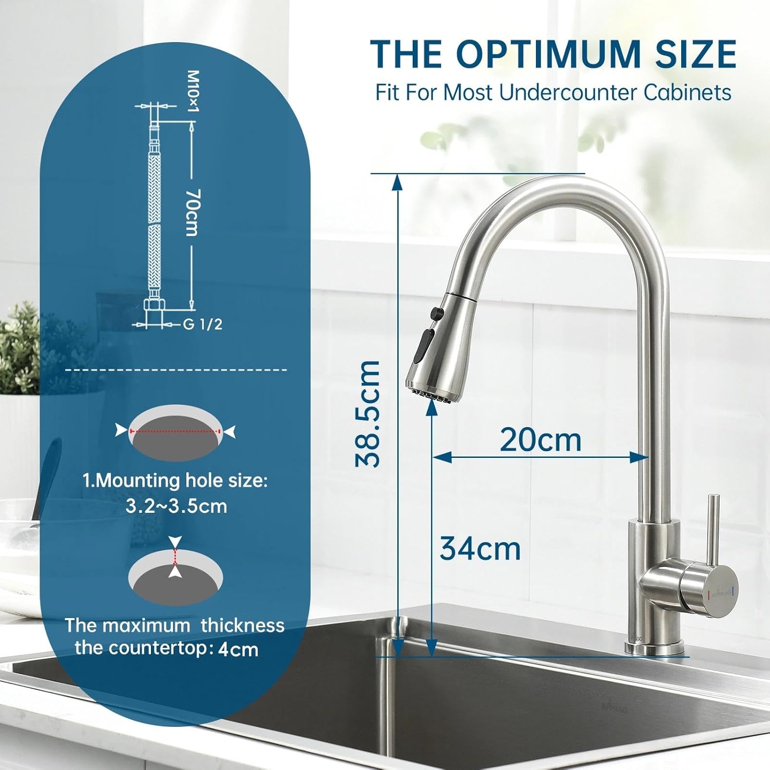 Kitchen Tap, Single Handle High Arc Modern Pull out Sink Mixer Faucet with 360°Swivel 3 Modes Sprayer for 1 Hole Sink, Easy to Install, Brushed Stainless Steel