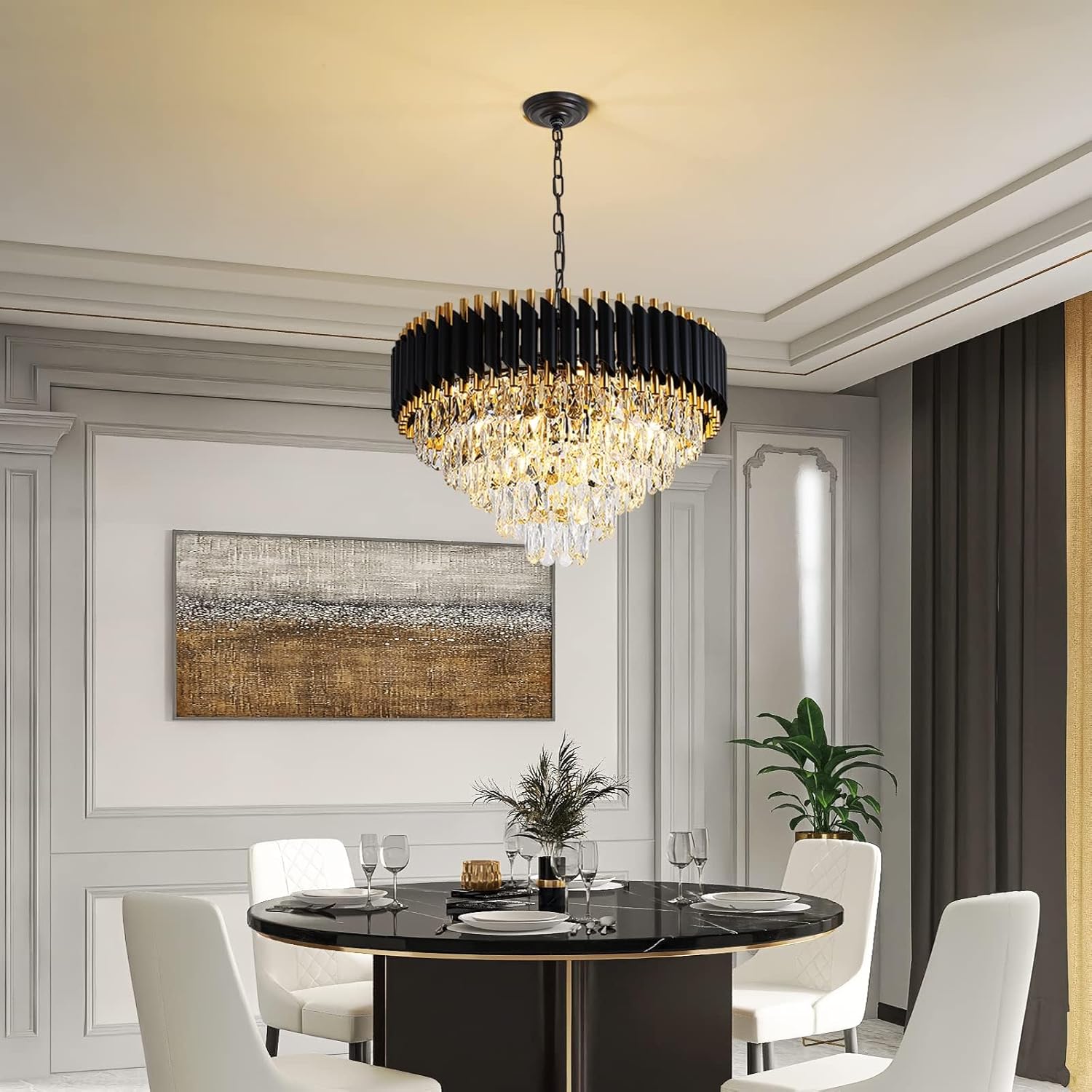 Modern 5-Tier Gold and Black Crystal Chandelier, 24" W, 12 Lights, Dimmable, For Dining Room, Living Room, Bedroom