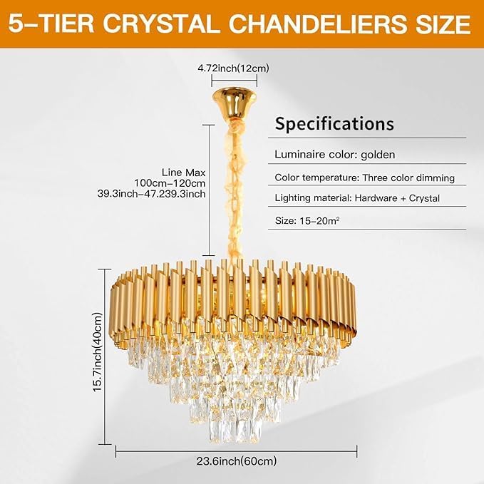 MODERN CRYSTAL CHANDELIER With Bulbs Fancy Ceiling Light,Luxury Round Golden Crytal 60cm Chandelier 3-Tier Crystal Raindrop Pendant Chandelier Dining Room,LivingRoom Kitchen,Table,Hotal,Restaurant2YW