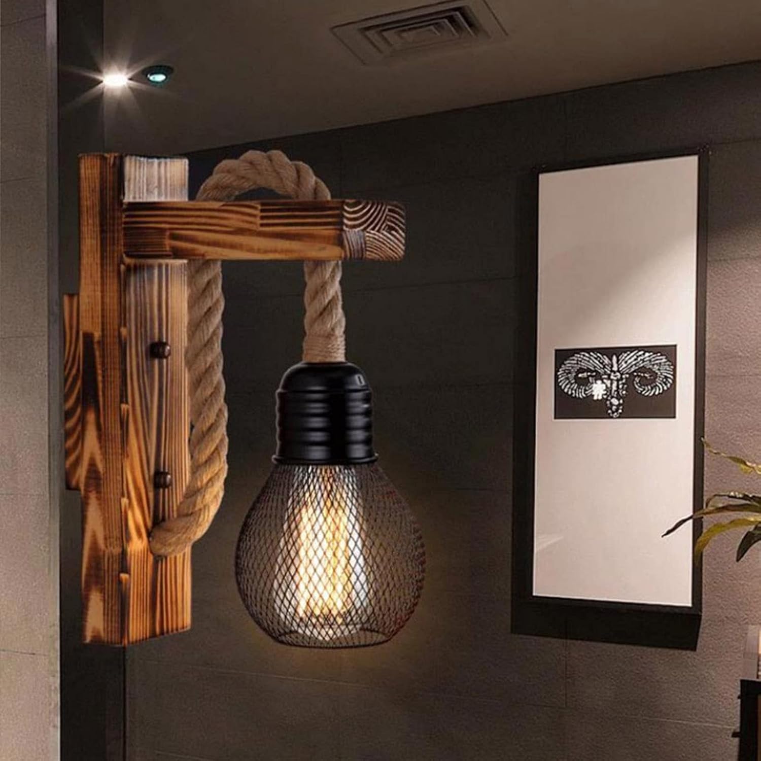 hageek Wooden Wall Light with hemp rope design, E27 socket, retro industrial style. Perfect for living room, bedside, corridor, café & bar.