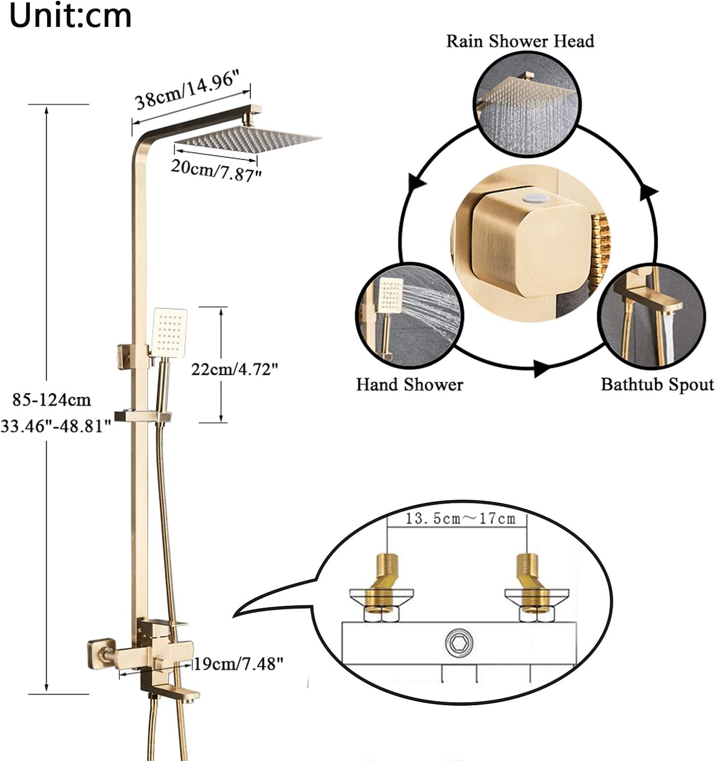 Shower Mixer taps Brushed Gold Shower Set Shower System 3-Function with Rainfall Shower Handheld Bath tub