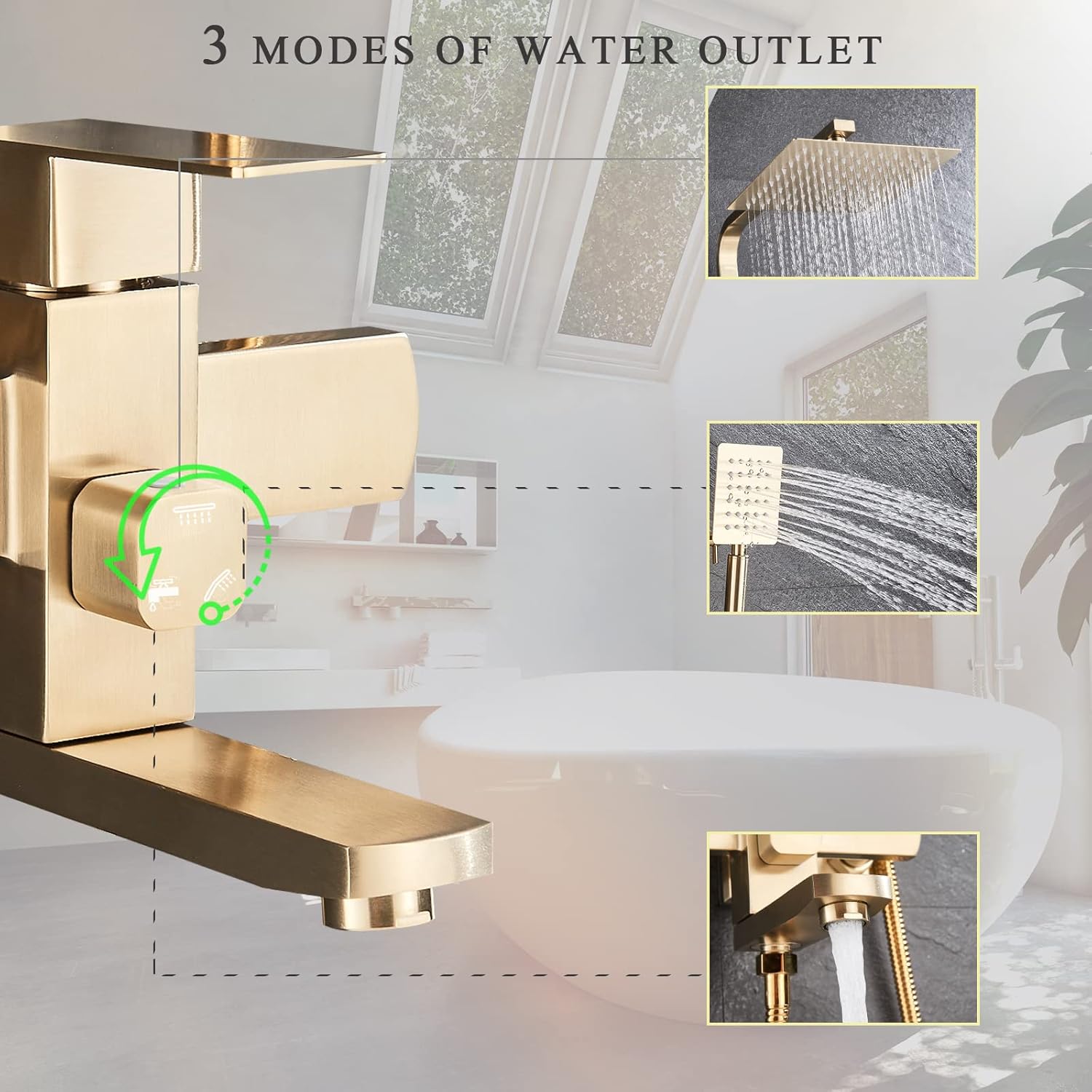 Shower Mixer taps Brushed Gold Shower Set Shower System 3-Function with Rainfall Shower Handheld Bath tub