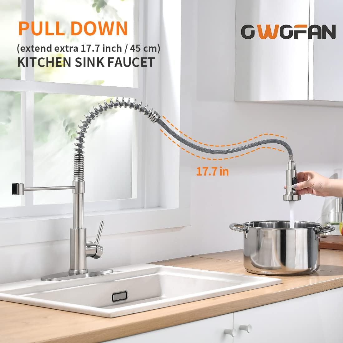 Kitchen Faucets Low Lead Commercial Solid Brass Single Handle Single Lever Pull Down Sprayer Spring Kitchen Sink Faucet, Brushed Nickel