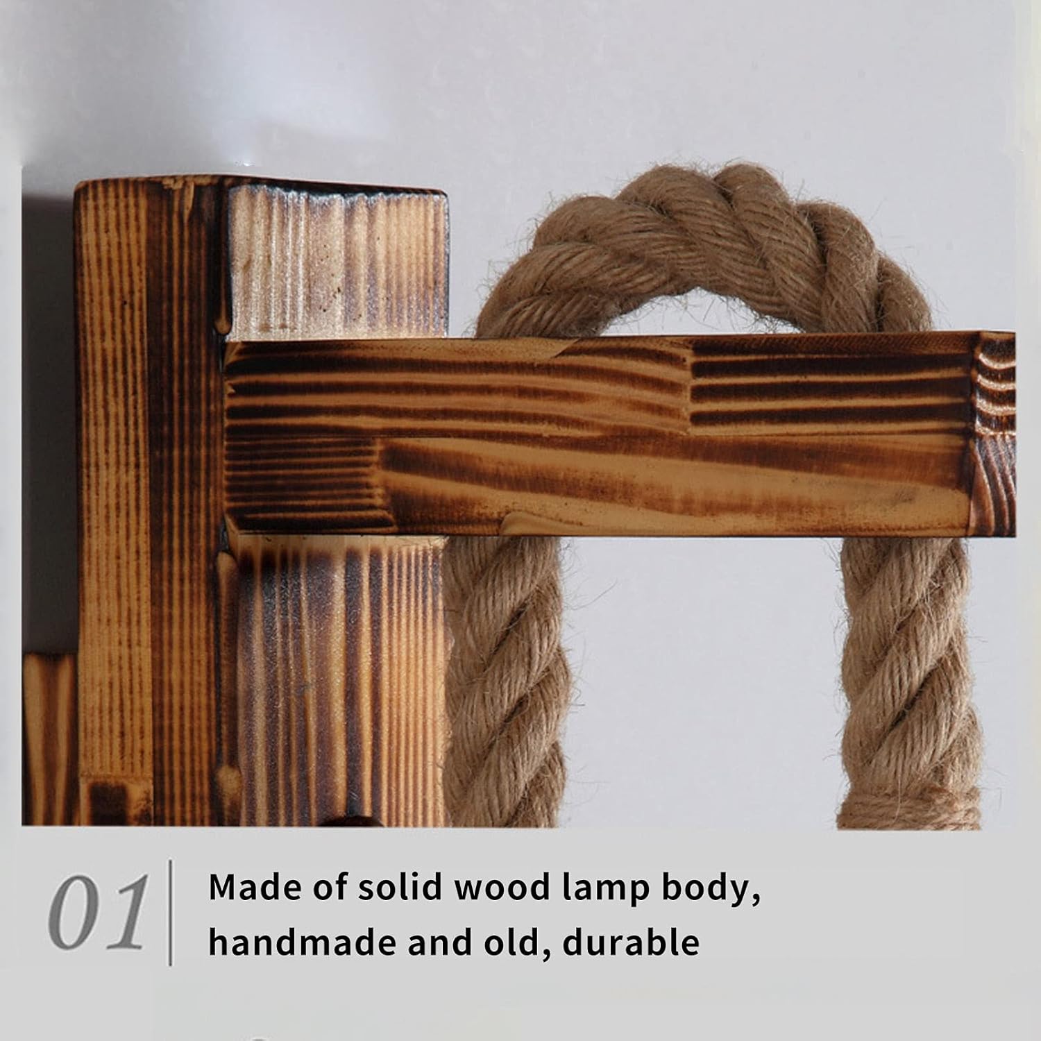 hageek Wooden Wall Light with hemp rope design, E27 socket, retro industrial style. Perfect for living room, bedside, corridor, café & bar.