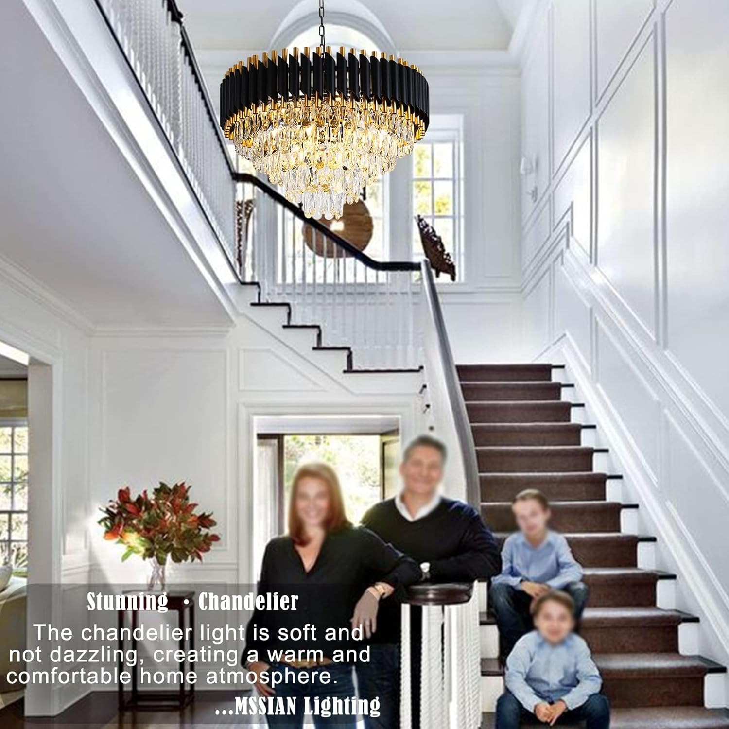 Modern 5-Tier Gold and Black Crystal Chandelier, 24" W, 12 Lights, Dimmable, For Dining Room, Living Room, Bedroom