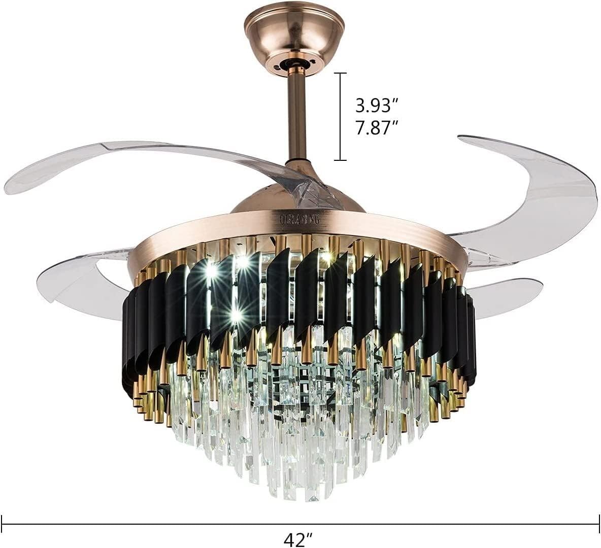 Modern Crystal Ceiling Fan with LED Light — elegant design, 3 color modes, remote control & retractable blades. Perfect for living, dining & bedroom.
