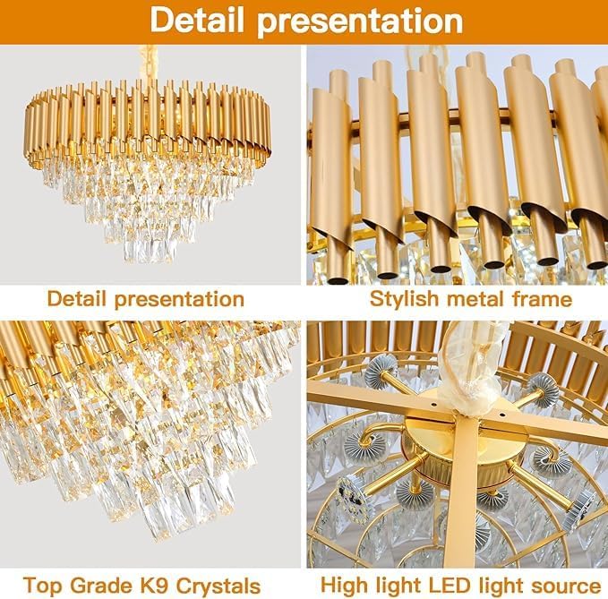 MODERN CRYSTAL CHANDELIER With Bulbs Fancy Ceiling Light,Luxury Round Golden Crytal 60cm Chandelier 3-Tier Crystal Raindrop Pendant Chandelier Dining Room,LivingRoom Kitchen,Table,Hotal,Restaurant2YW