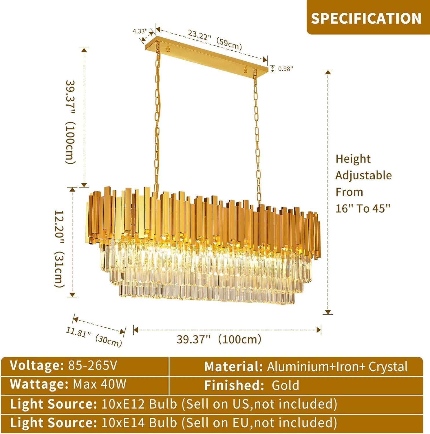 Modern Crystal Chandelier for Dining Room Luxury 10-Lights Gold Chandeliers Contemporary Kitchen Island Chandeliers Oval Ceiling Hanging Lights for Living Room Foyer Hallway