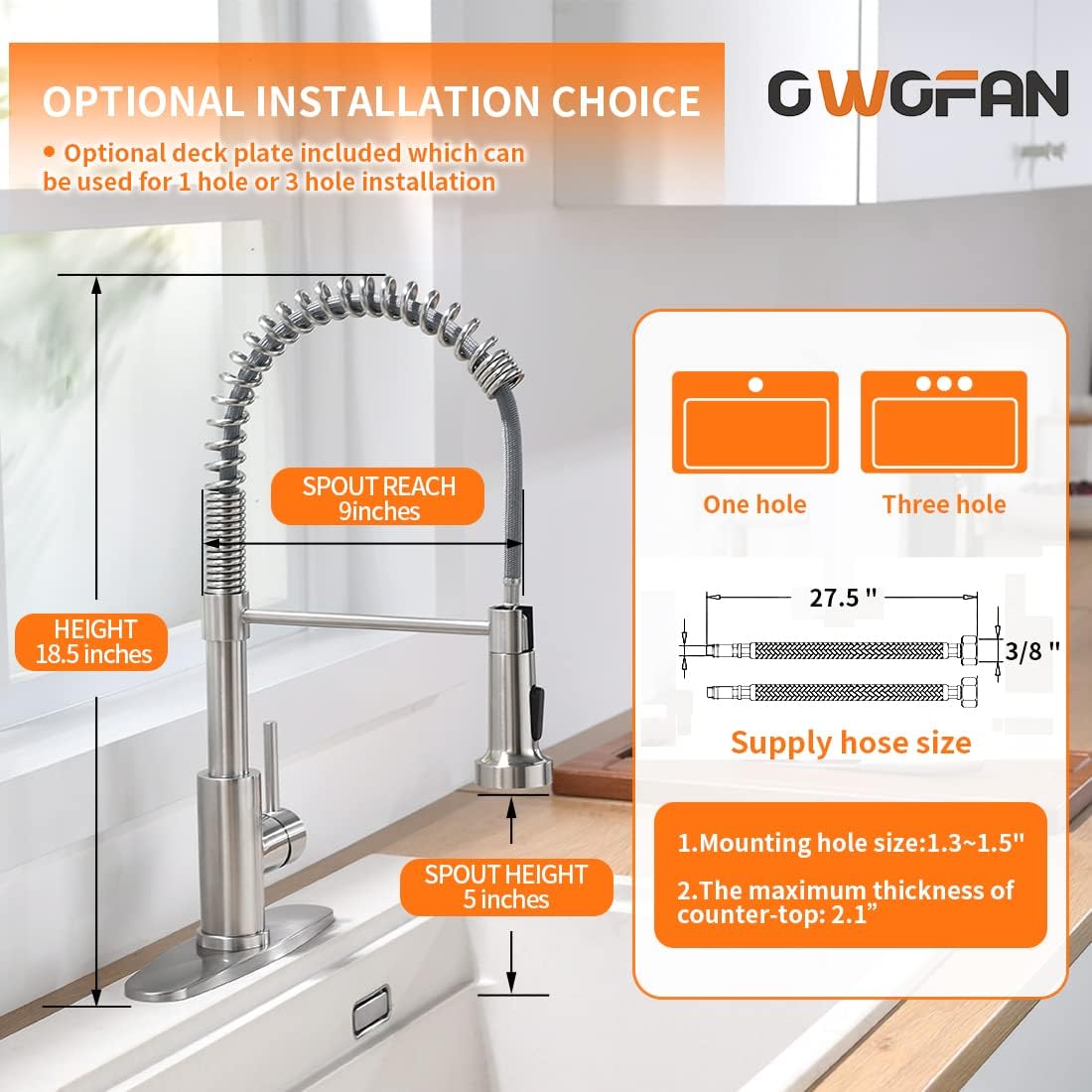 Kitchen Faucets Low Lead Commercial Solid Brass Single Handle Single Lever Pull Down Sprayer Spring Kitchen Sink Faucet, Brushed Nickel