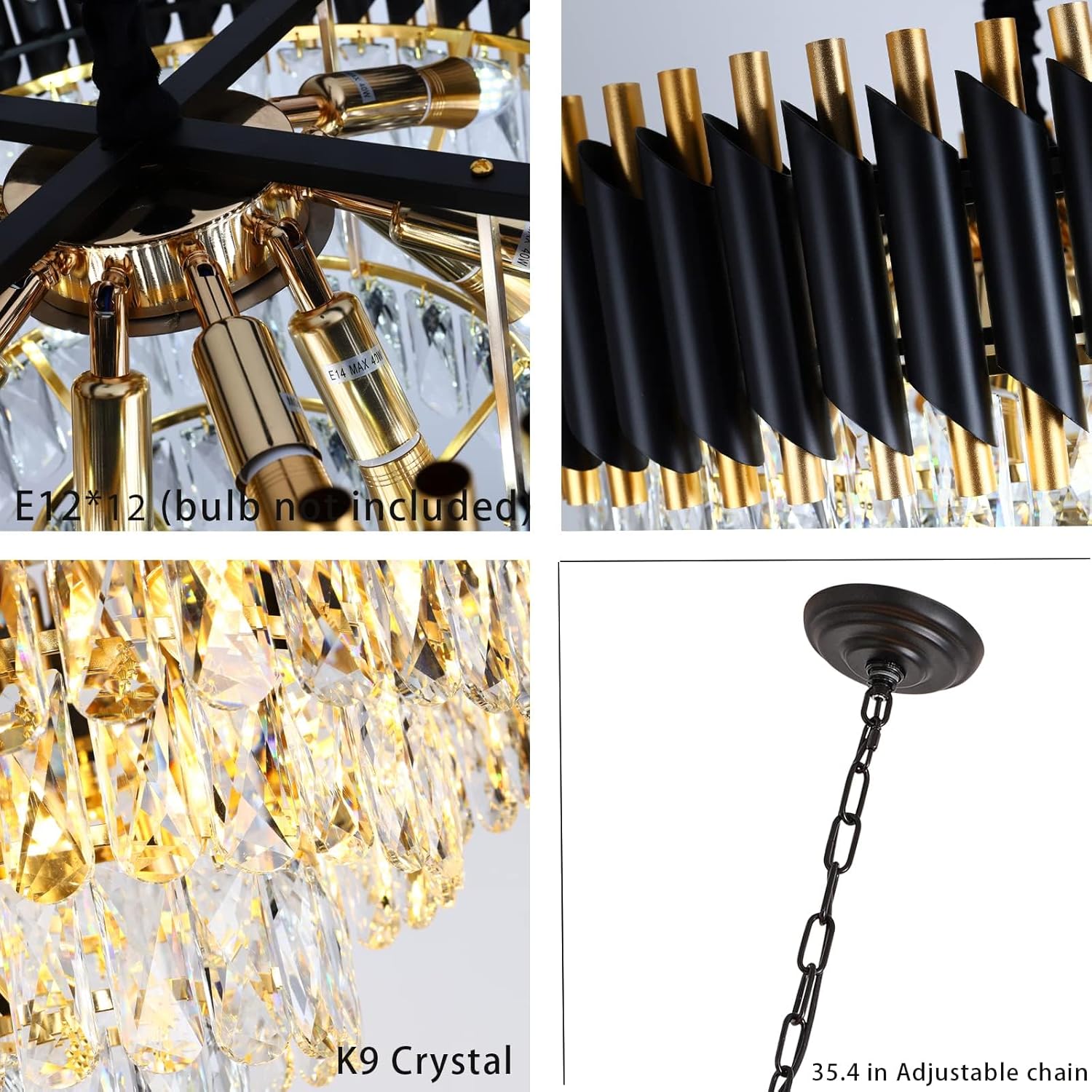 Modern 5-Tier Gold and Black Crystal Chandelier, 24" W, 12 Lights, Dimmable, For Dining Room, Living Room, Bedroom