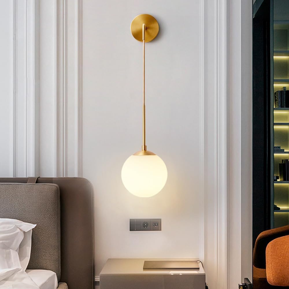 Modern Gold Wall Sconce Light – Minimalist LED Wall Lamp with Frosted Glass Globe, Elegant Wall-Mounted Lighting for Bedroom, Living Room, Hallway, Hotel & Café