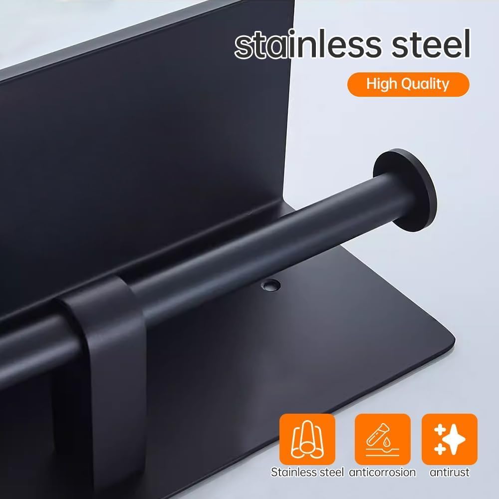Almiftah Toilet Paper Holder with Shelf - Stainless Steel Tissue Holder with Phone Storage, Wall-Mounted Bathroom Accessory (Black)