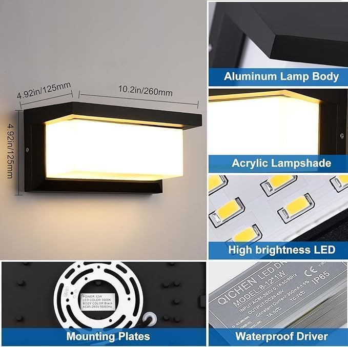 Aluminium Body Black Rectangular Outdoor Wall Light Fixture(2 pack)