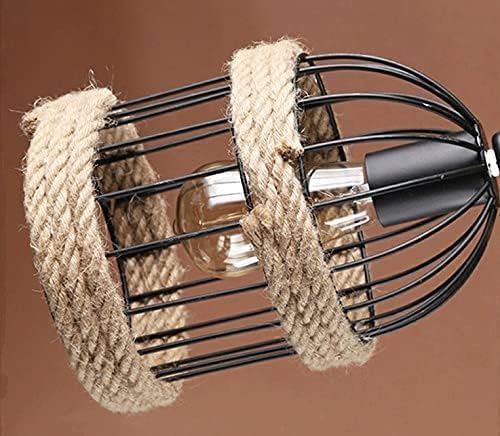 Industrial Rope Chandelier – Vintage Hanging Pendant Light with Black Metal Cage & Edison Bulbs – Rustic Farmhouse Ceiling Fixture for Dining Room, Kitchen, Living Room, Bar, Café – Retro Loft Style