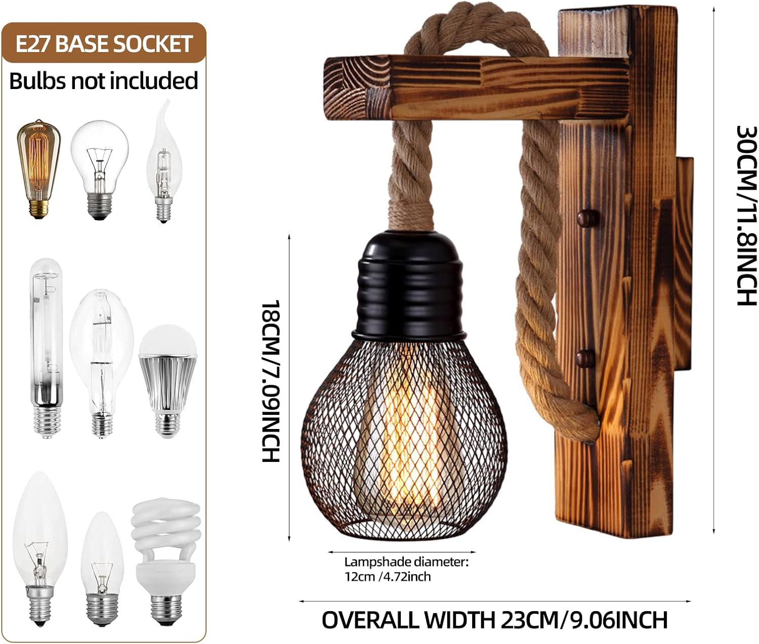 hageek Wooden Wall Light with hemp rope design, E27 socket, retro industrial style. Perfect for living room, bedside, corridor, café & bar.