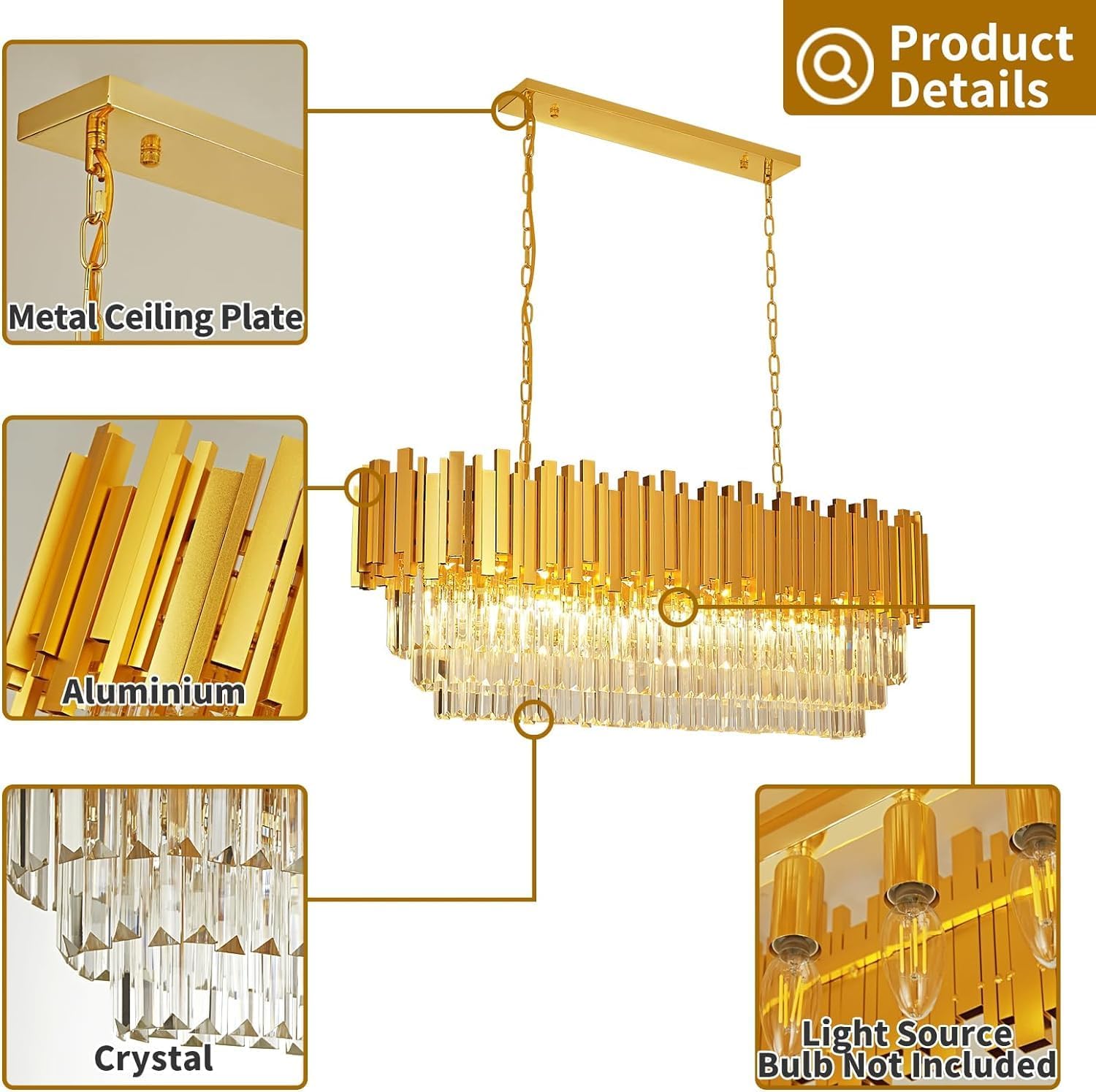 Modern Crystal Chandelier for Dining Room Luxury 10-Lights Gold Chandeliers Contemporary Kitchen Island Chandeliers Oval Ceiling Hanging Lights for Living Room Foyer Hallway