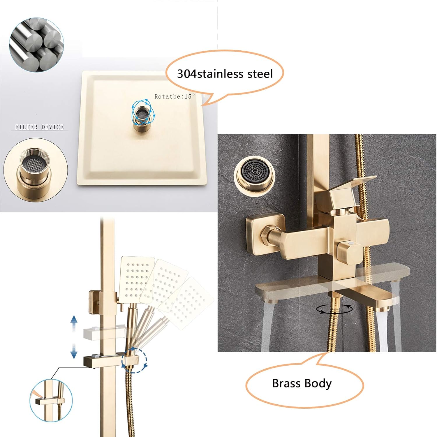 Shower Mixer taps Brushed Gold Shower Set Shower System 3-Function with Rainfall Shower Handheld Bath tub