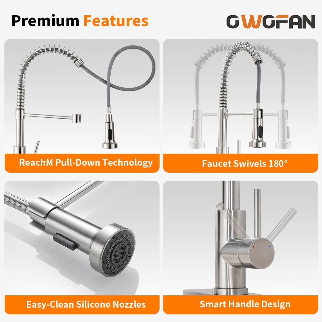 Kitchen Faucets Low Lead Commercial Solid Brass Single Handle Single Lever Pull Down Sprayer Spring Kitchen Sink Faucet, Brushed Nickel