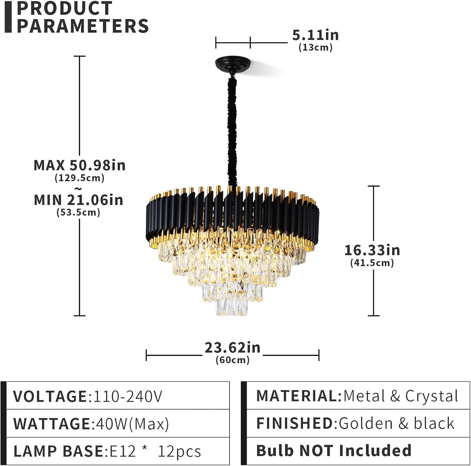Modern 5-Tier Gold and Black Crystal Chandelier, 24" W, 12 Lights, Dimmable, For Dining Room, Living Room, Bedroom