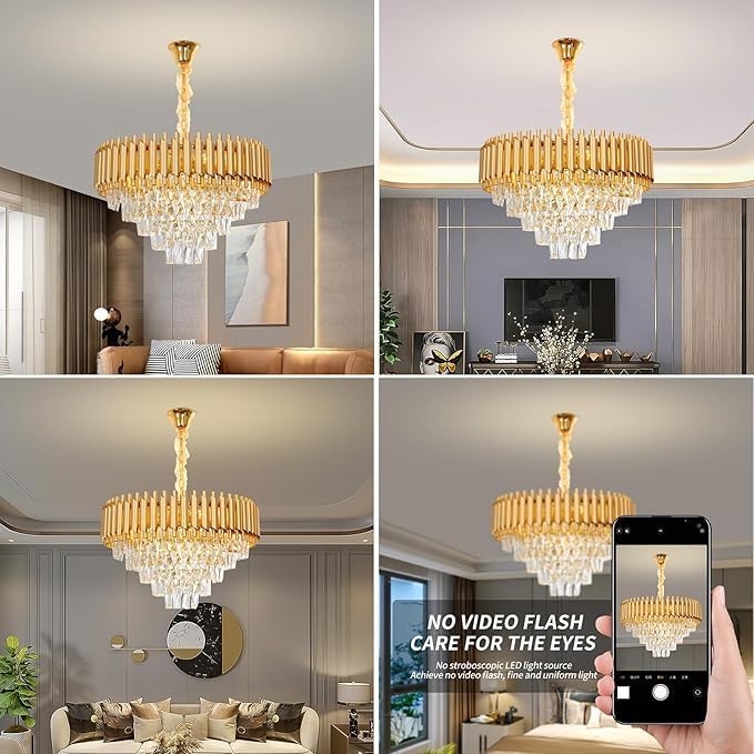 MODERN CRYSTAL CHANDELIER With Bulbs Fancy Ceiling Light,Luxury Round Golden Crytal 60cm Chandelier 3-Tier Crystal Raindrop Pendant Chandelier Dining Room,LivingRoom Kitchen,Table,Hotal,Restaurant2YW