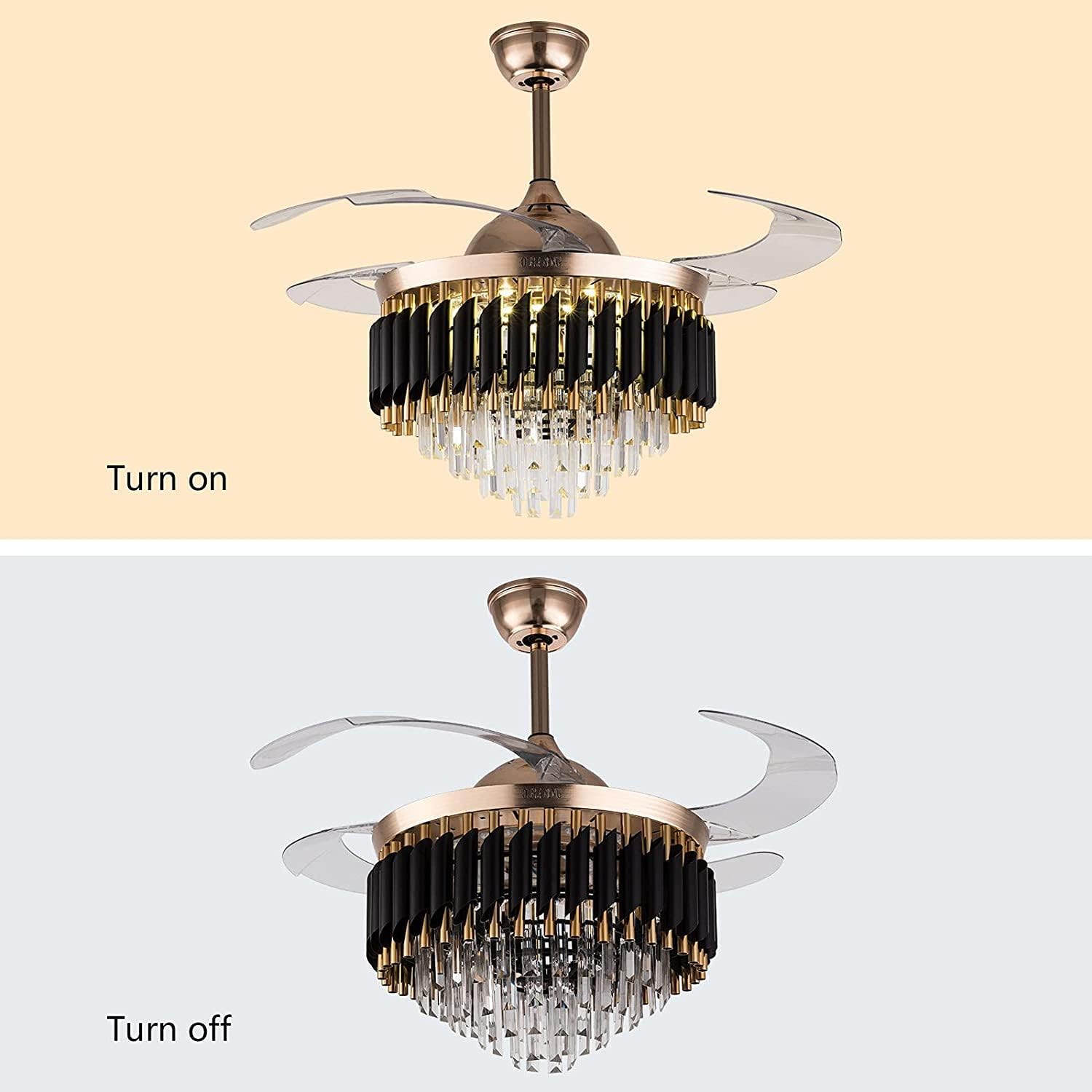 Modern Crystal Ceiling Fan with LED Light — elegant design, 3 color modes, remote control & retractable blades. Perfect for living, dining & bedroom.