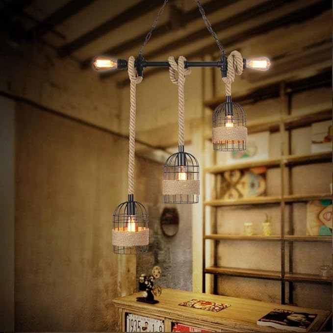 Industrial Rope Chandelier – Vintage Hanging Pendant Light with Black Metal Cage & Edison Bulbs – Rustic Farmhouse Ceiling Fixture for Dining Room, Kitchen, Living Room, Bar, Café – Retro Loft Style
