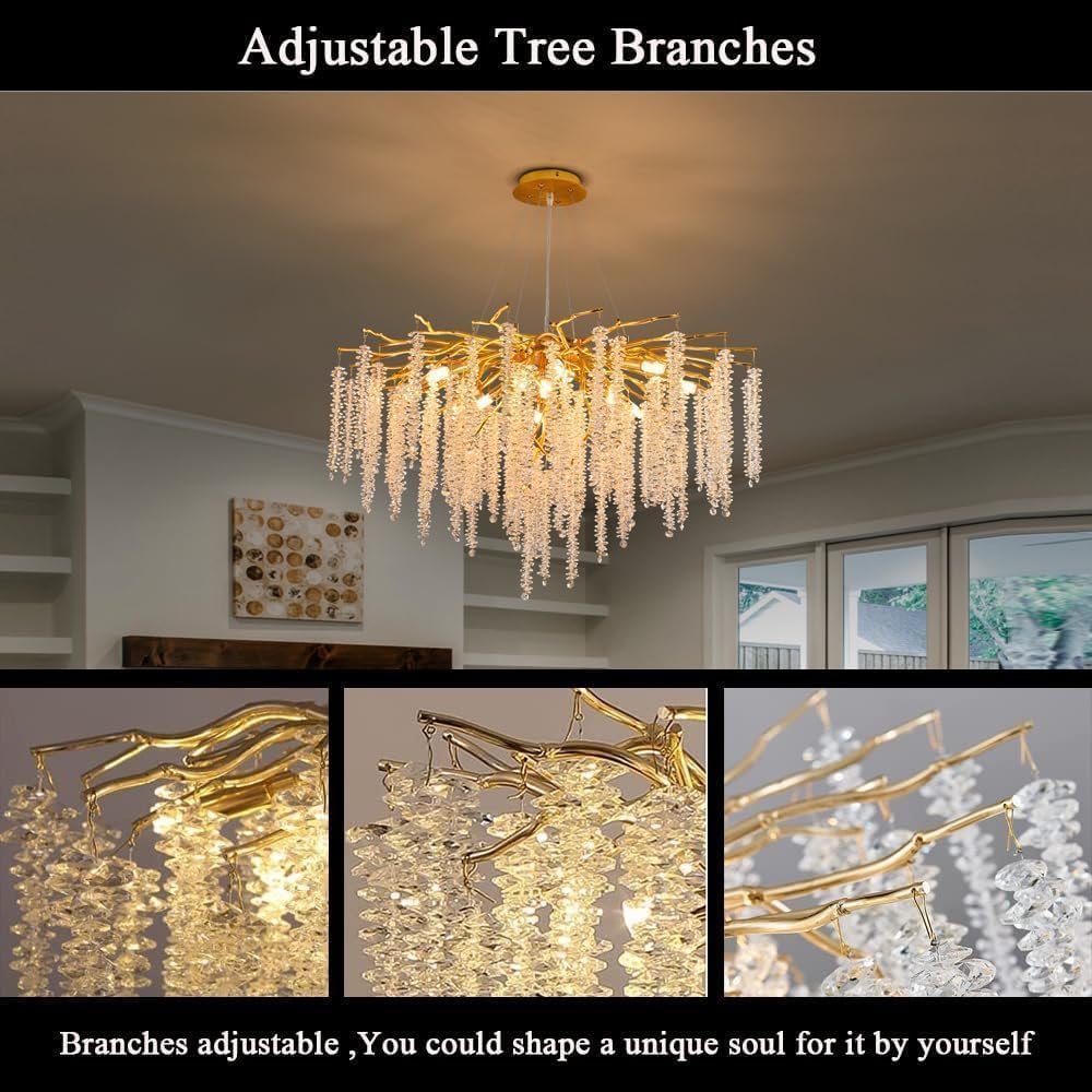Luxury Crystal Chandelier – Modern Gold Branch Pendant Light for Dining Room, Living Room, Bedroom – Elegant LED Ceiling Hanging Light Fixture for Home & Hotel Décor