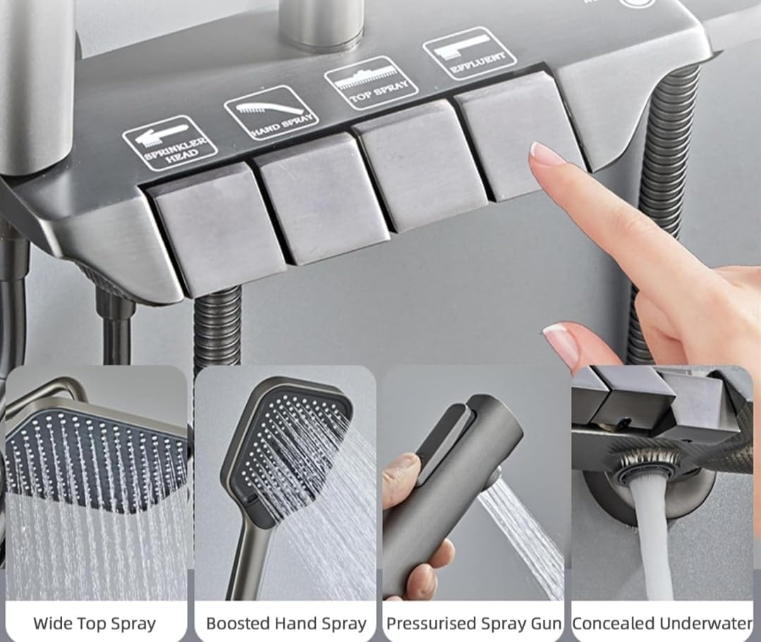 Milano Shower System, 4 Ways Piano Keys Shower Faucet Set, with Rainfall Shower Head, Handheld Shower, Tub Spout, Bidet Sprayer, Adjustable Water Outlet Modes and Hot & Cold Water, Gray