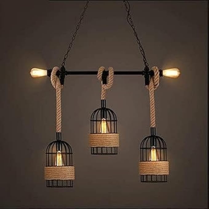 Industrial Rope Chandelier – Vintage Hanging Pendant Light with Black Metal Cage & Edison Bulbs – Rustic Farmhouse Ceiling Fixture for Dining Room, Kitchen, Living Room, Bar, Café – Retro Loft Style