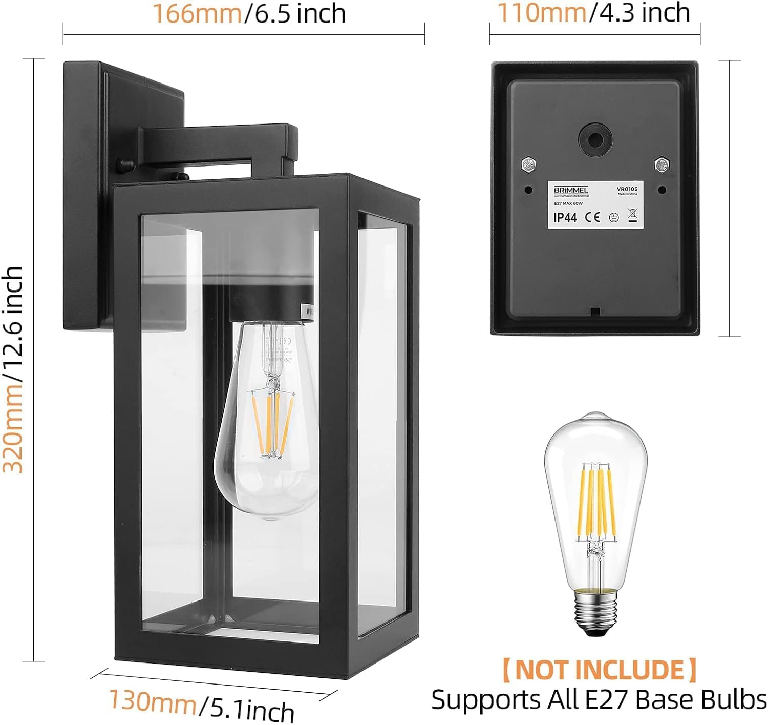 Aluminum Exterior Wall Lanterns With Clear Glass Shade Anti-Rust Outdoor Wall Sconce Light Fixture, Matte Black, 2 Packs