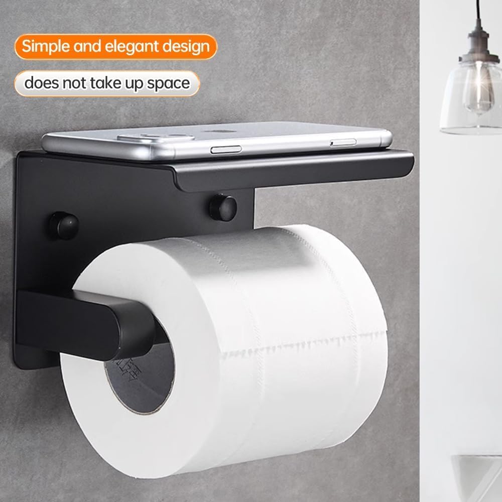 Almiftah Toilet Paper Holder with Shelf - Stainless Steel Tissue Holder with Phone Storage, Wall-Mounted Bathroom Accessory (Black)