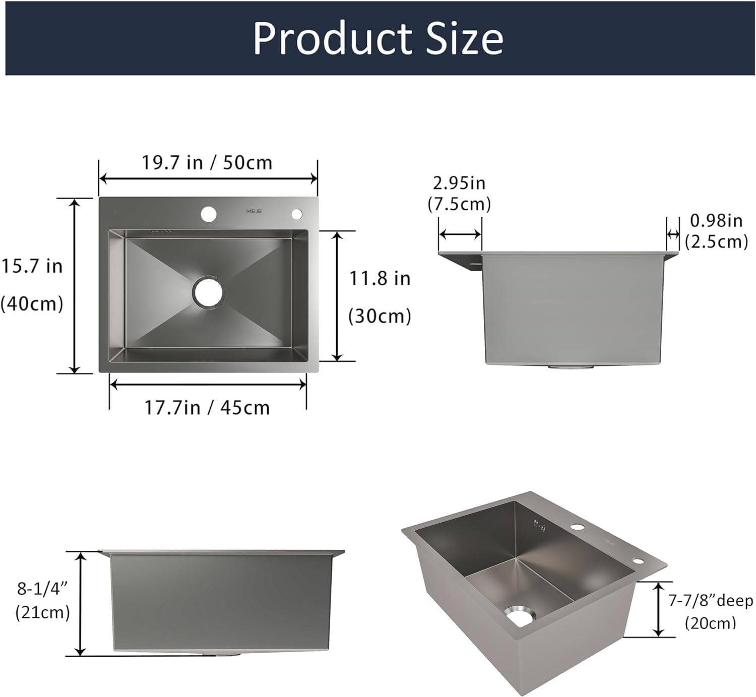 40x40 CM Stainless Steel Sink — large single bowl, 304 grade, anti-scratch finish. Easy to clean, with basket strainer. Top/undermount install