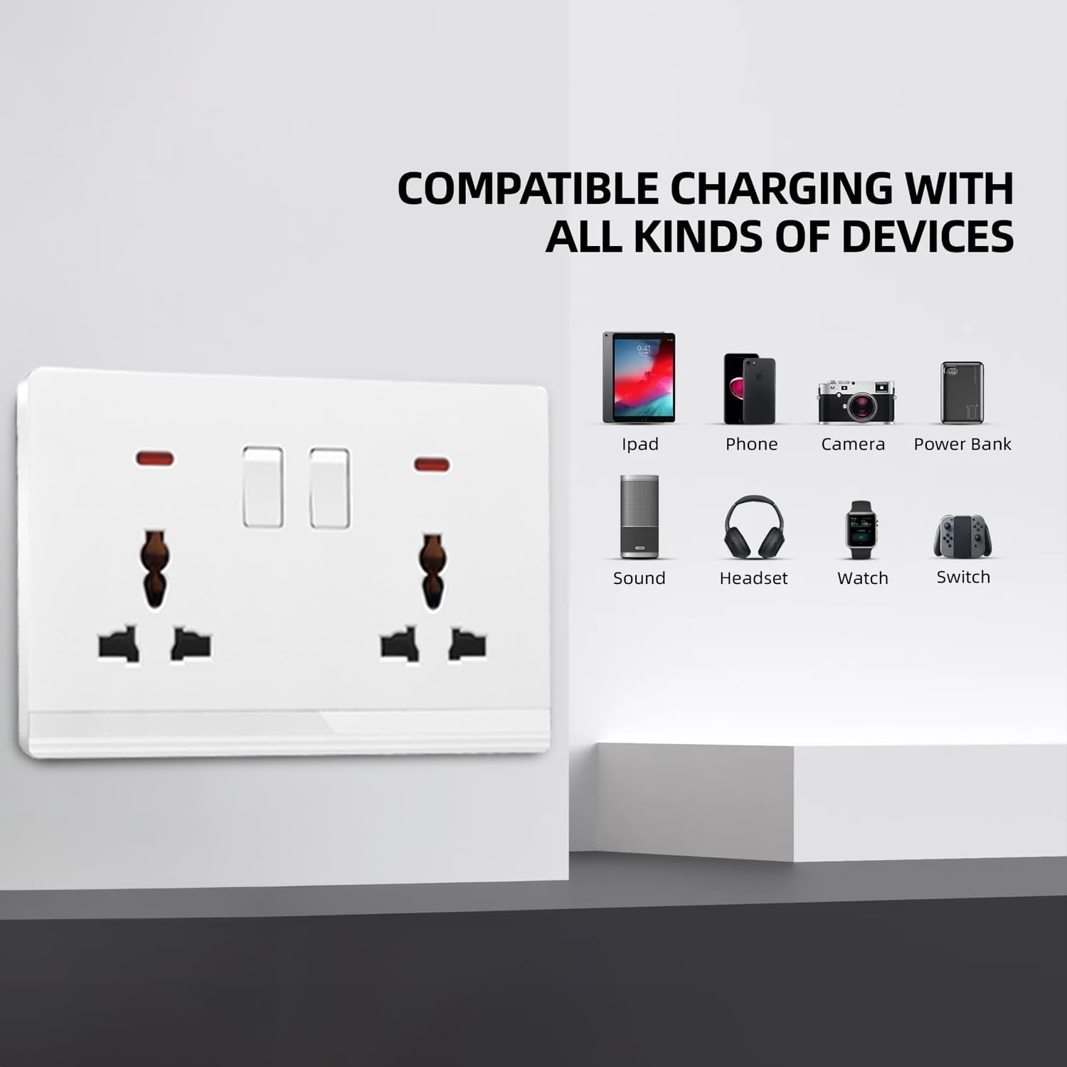 Universal Double Switch Socket 13A Wall Power Outlet with Safety Shutters, Dual Wall Mount Power Outlet With Individual Control Switches for Home, Office, and Commercial Use (30 Years Warranty)