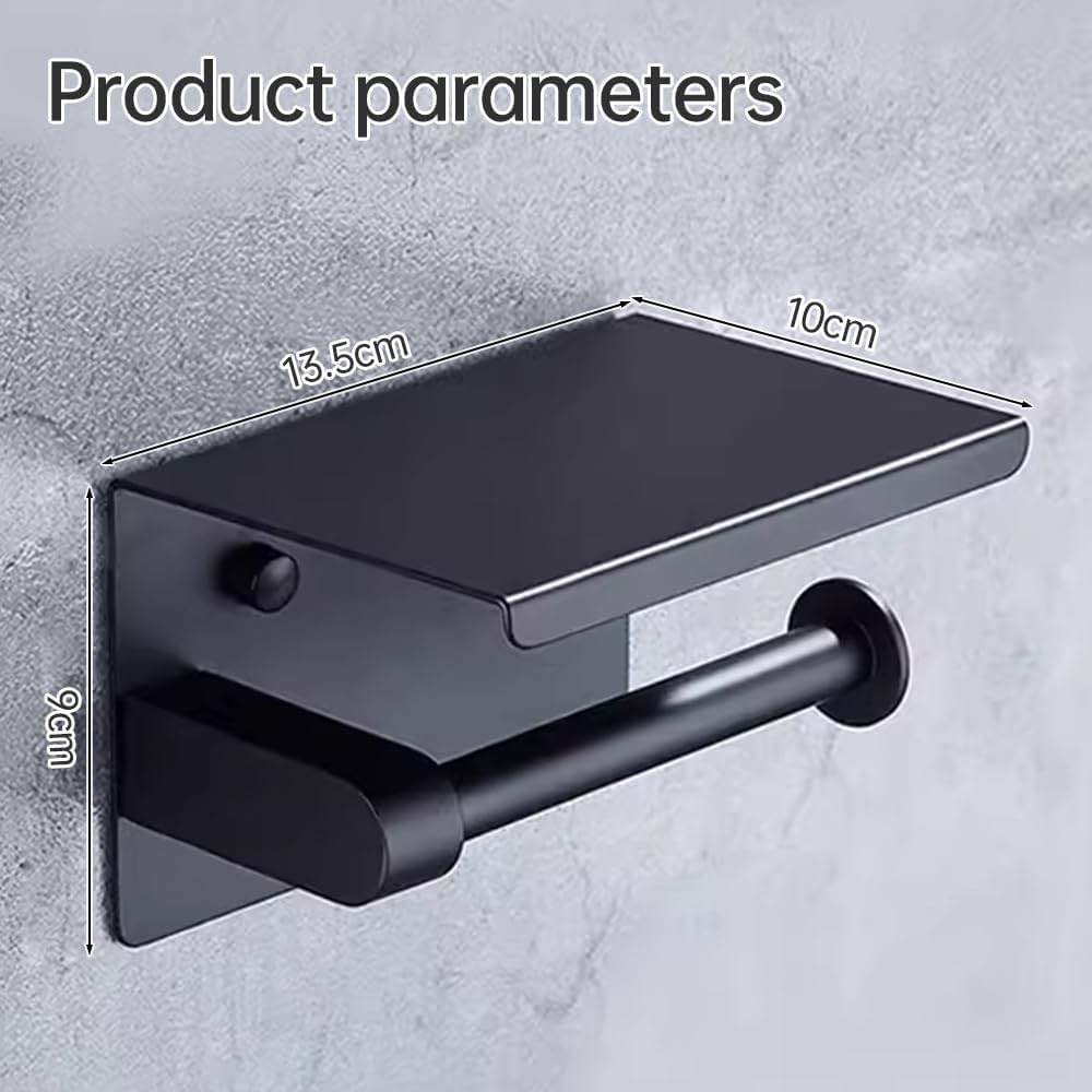 Almiftah Toilet Paper Holder with Shelf - Stainless Steel Tissue Holder with Phone Storage, Wall-Mounted Bathroom Accessory (Black)