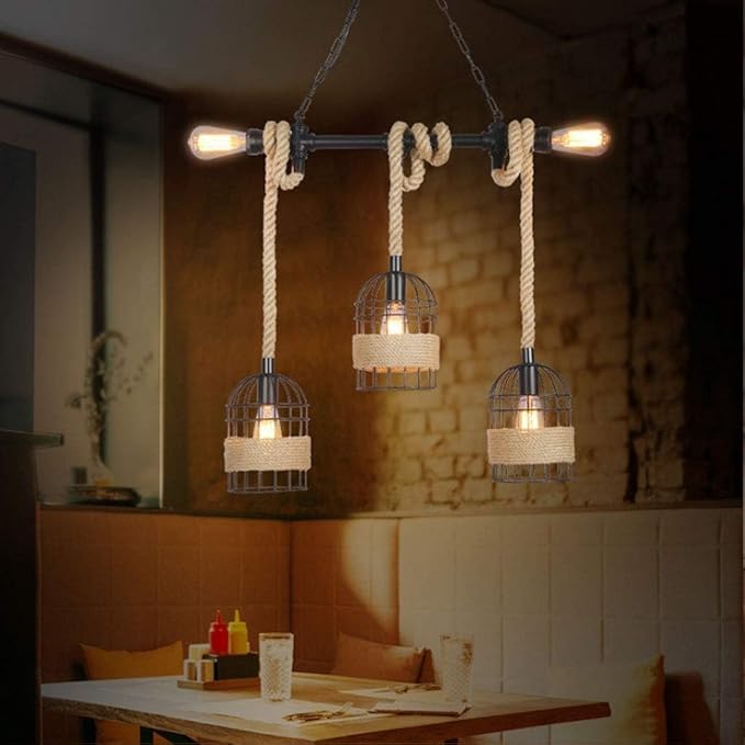 Industrial Rope Chandelier – Vintage Hanging Pendant Light with Black Metal Cage & Edison Bulbs – Rustic Farmhouse Ceiling Fixture for Dining Room, Kitchen, Living Room, Bar, Café – Retro Loft Style