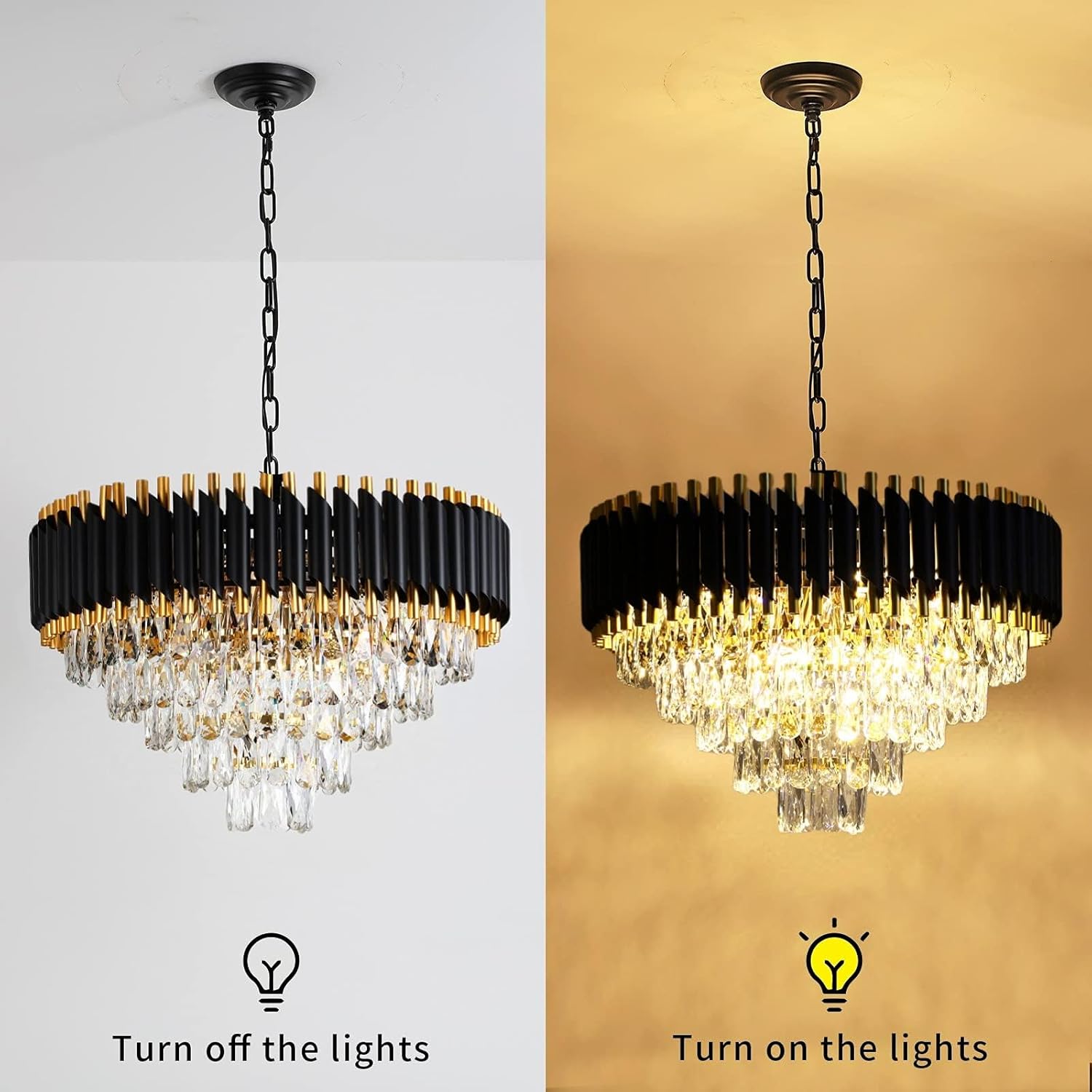 Modern 5-Tier Gold and Black Crystal Chandelier, 24" W, 12 Lights, Dimmable, For Dining Room, Living Room, Bedroom
