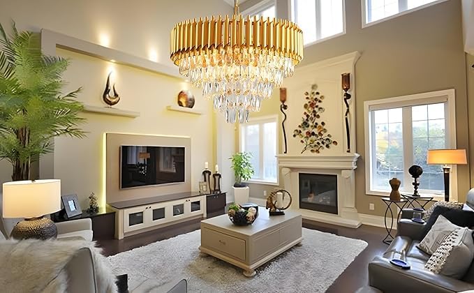 MODERN CRYSTAL CHANDELIER With Bulbs Fancy Ceiling Light,Luxury Round Golden Crytal 60cm Chandelier 3-Tier Crystal Raindrop Pendant Chandelier Dining Room,LivingRoom Kitchen,Table,Hotal,Restaurant2YW