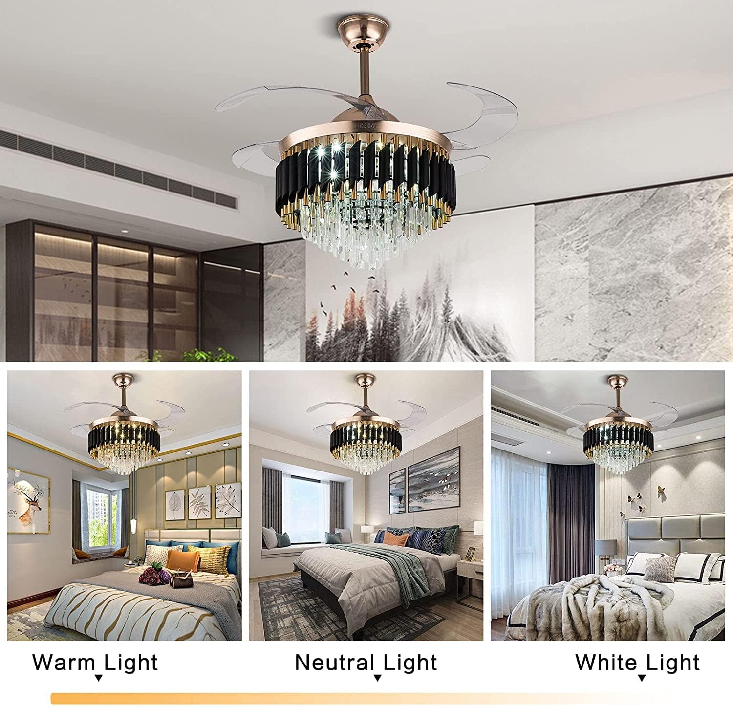 Modern Crystal Ceiling Fan with LED Light — elegant design, 3 color modes, remote control & retractable blades. Perfect for living, dining & bedroom.