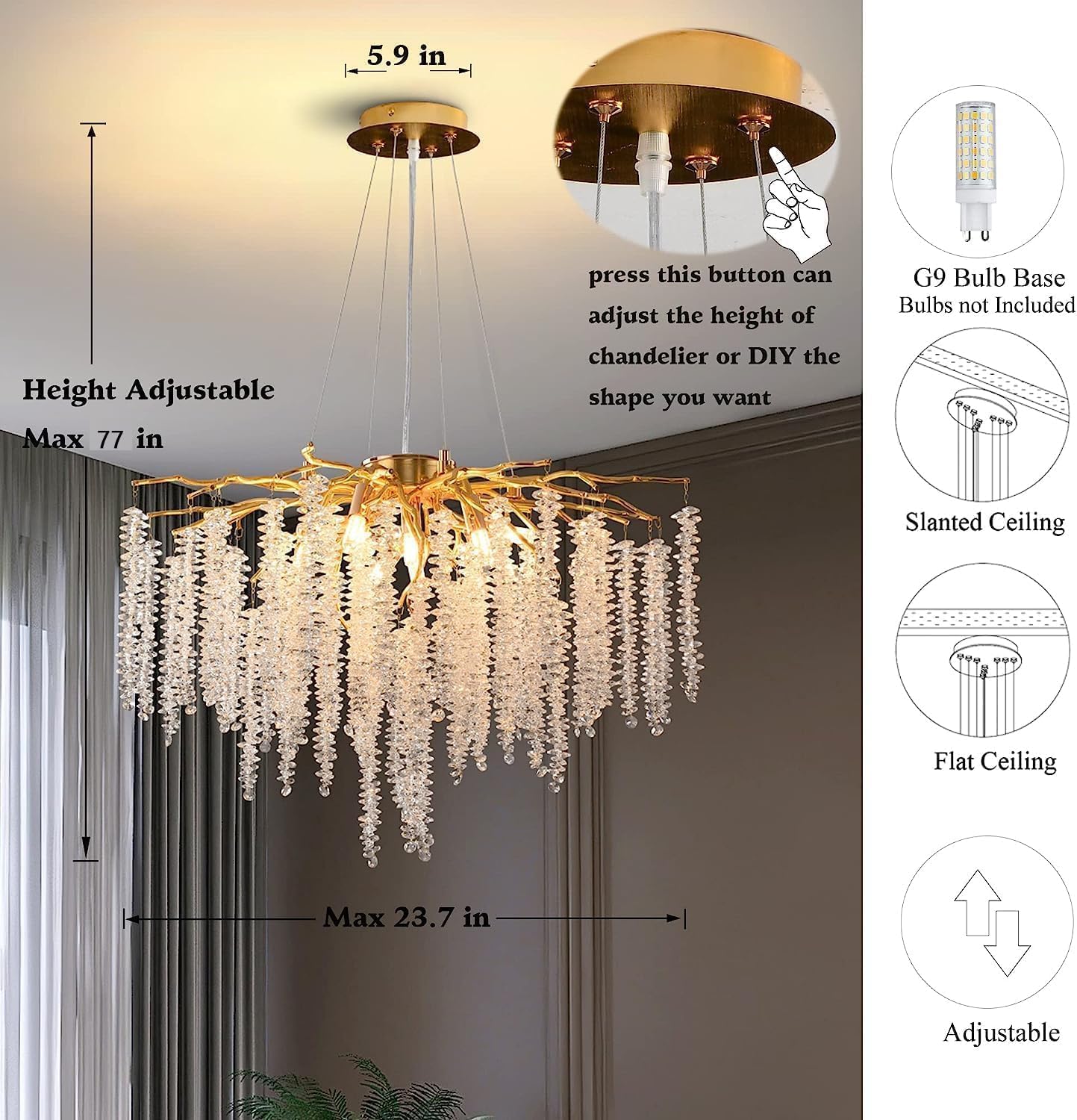 Luxury Crystal Chandelier – Modern Gold Branch Pendant Light for Dining Room, Living Room, Bedroom – Elegant LED Ceiling Hanging Light Fixture for Home & Hotel Décor