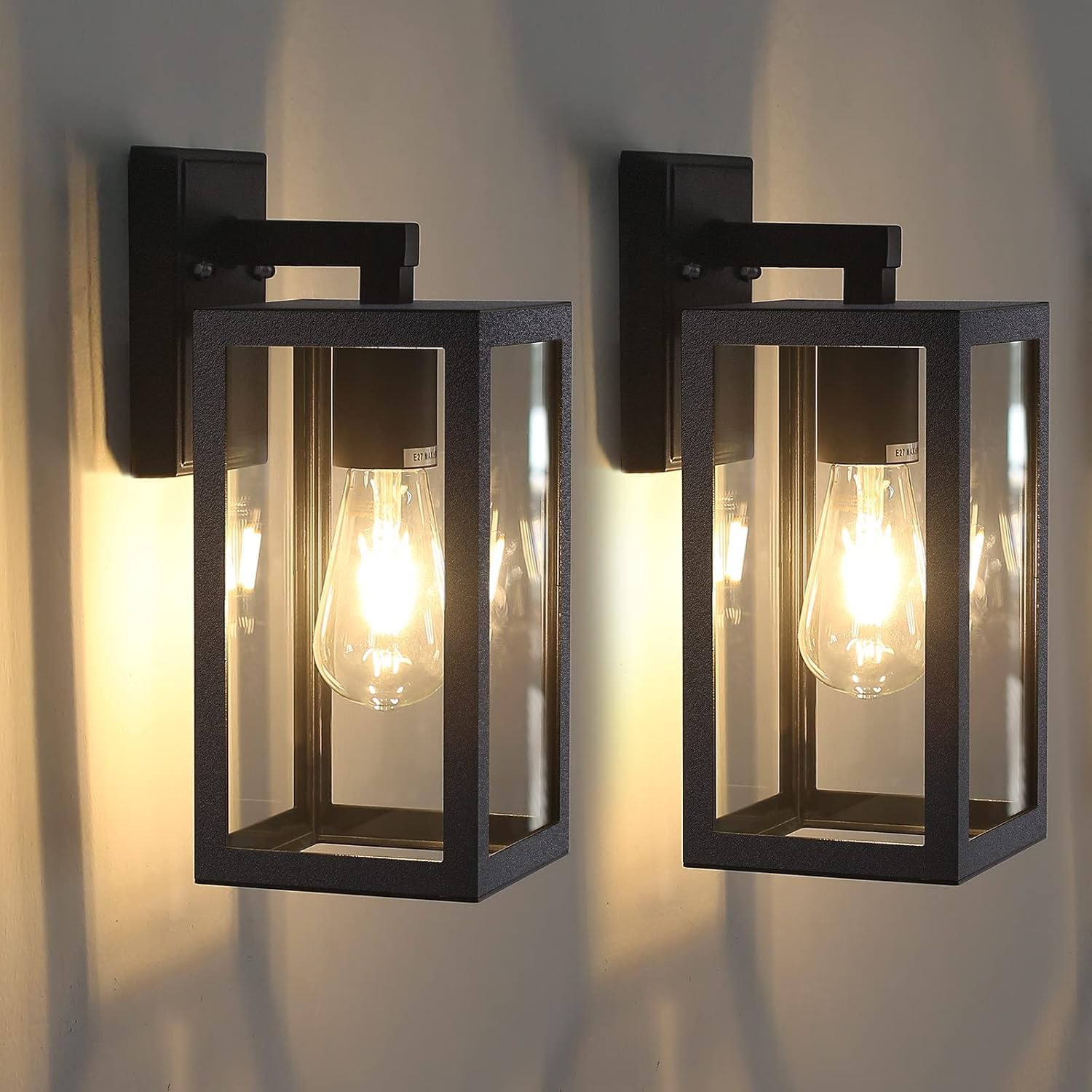 Aluminum Exterior Wall Lanterns With Clear Glass Shade Anti-Rust Outdoor Wall Sconce Light Fixture, Matte Black, 2 Packs
