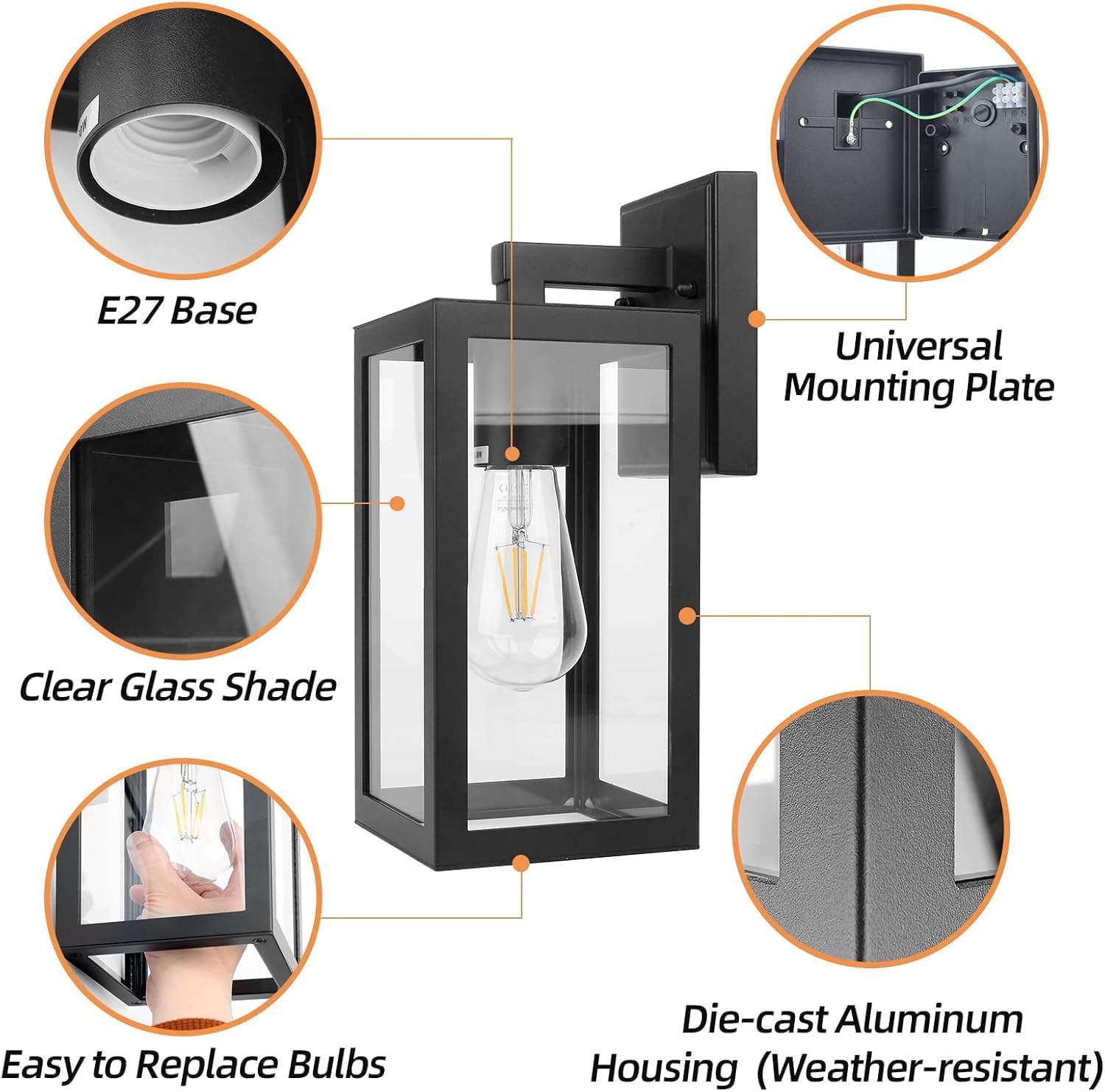 Aluminum Exterior Wall Lanterns With Clear Glass Shade Anti-Rust Outdoor Wall Sconce Light Fixture, Matte Black, 2 Packs