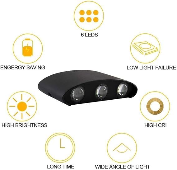 LIGHTINGS AFN LED Wall Light, Modern Aluminum Waterproof Outdoor and Indoor Wall Lamp 3000K Warm Light Directional 6-Light Up and Down, Black