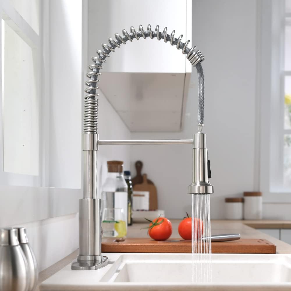 Kitchen Faucets Low Lead Commercial Solid Brass Single Handle Single Lever Pull Down Sprayer Spring Kitchen Sink Faucet, Brushed Nickel